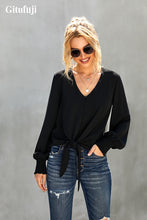 Load image into Gallery viewer, Gitufuji Women's Black Shirred Cuffs Tie-Front Button-Up Blouse