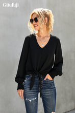 Load image into Gallery viewer, Gitufuji Women's Black Shirred Cuffs Tie-Front Button-Up Blouse