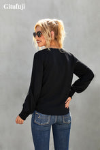 Load image into Gallery viewer, Gitufuji Women's Black Shirred Cuffs Tie-Front Button-Up Blouse