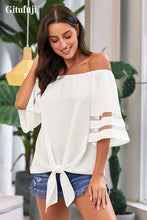 Load image into Gallery viewer, Gitufuji Women&#39;s Casual Summer Off Shoulder Tie Front Flowy Top
