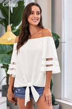 Load image into Gallery viewer, Gitufuji Women&#39;s Casual Summer Off Shoulder Tie Front Flowy Top
